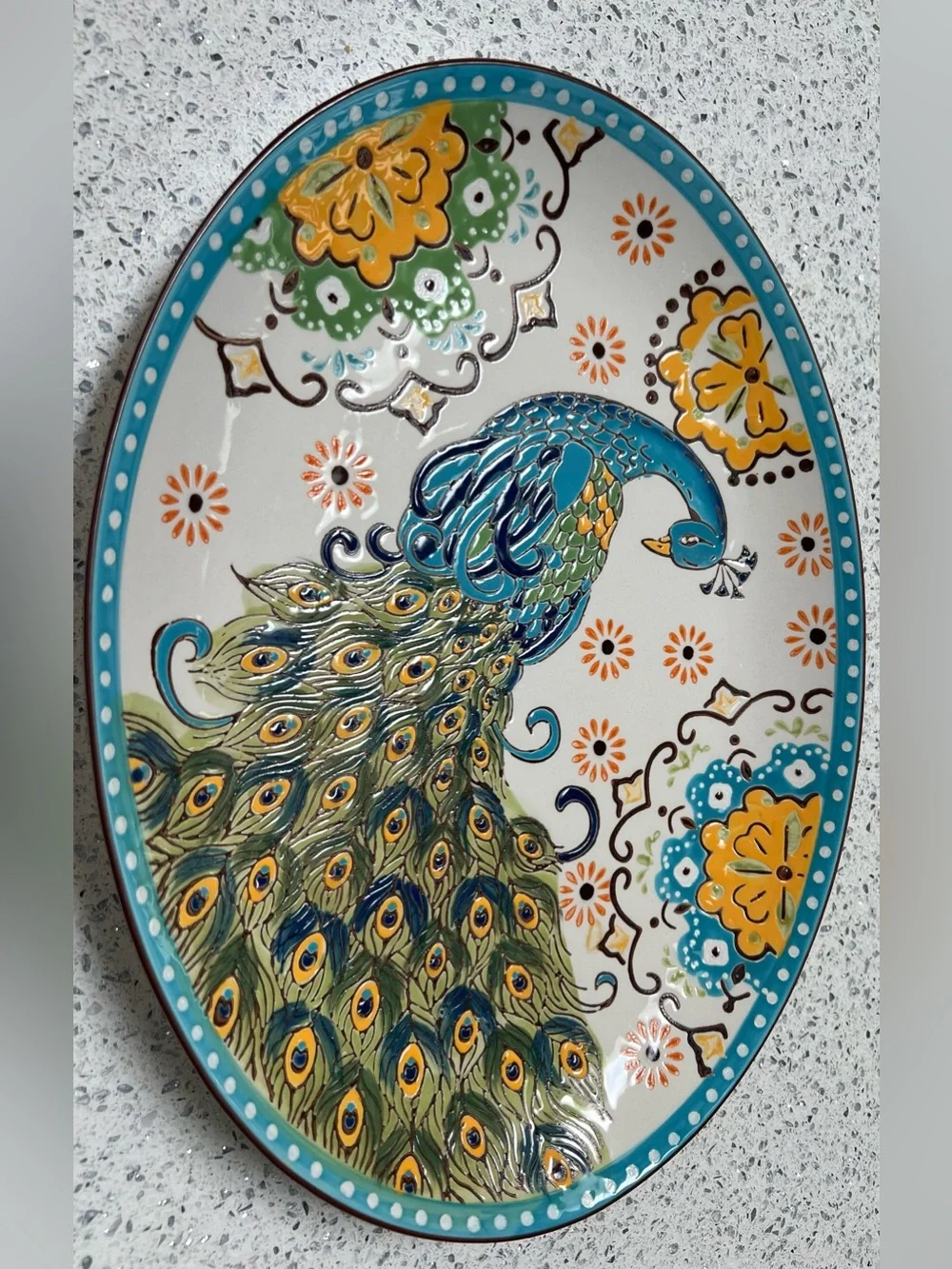 Artistic Accents Hand-Painted Platter & Bowl Peacock Coastline Imports EUC